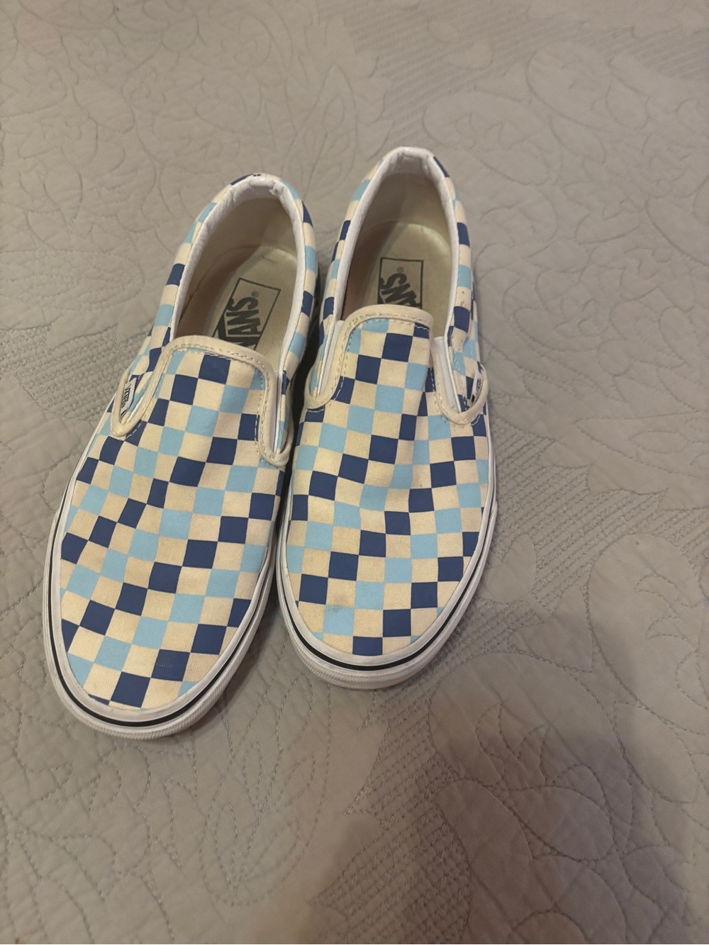 Vans Slip-On Checkerboard Shoes in Light Blue & Navy